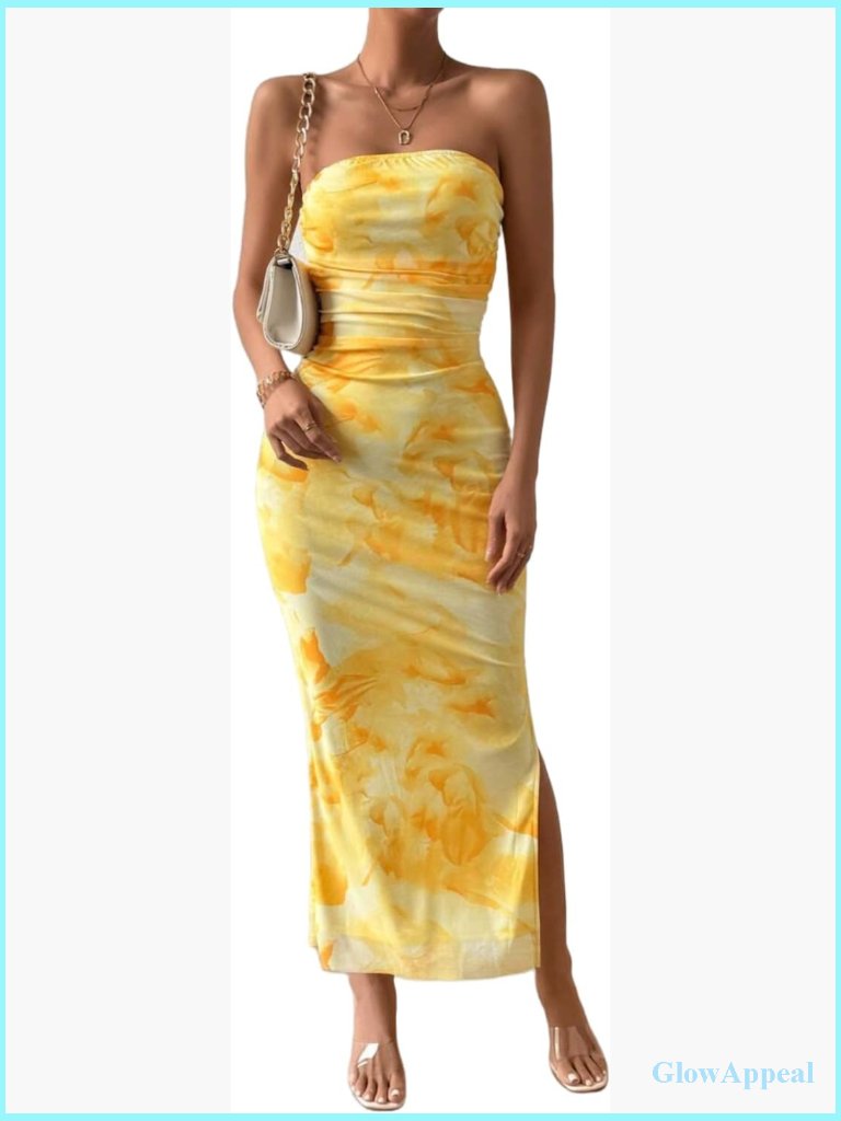 Strapless Maxi Dress Bodycon Ruched Mesh Overlay Side Slit Formal